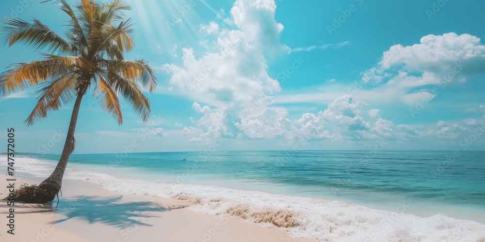 Tropical beach sand and Caribbean sea tree and white sand in sunlight.