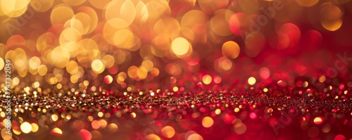 A shimmering red and gold bokeh background that conveys a festive and luxurious atmosphere, suitable for Christmas, New Year's, or Valentine's Day.