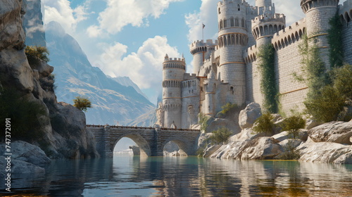 Serene medieval castle with towers and an arched bridge over a calm river, set against a backdrop of majestic mountains