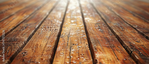 Macro image revealing water droplets on a polished wooden surface reflecting light