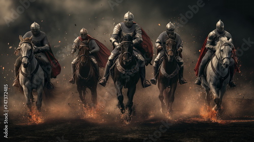 Epic scene of armored knights on horseback charging through flames and smoke on a medieval battlefield