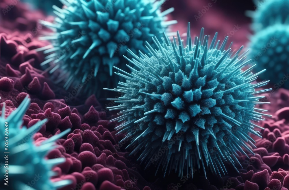 Microorganisms or germs that cause disease. Blue virus or bacteria cells under microscope Microorganisms or germs that cause disease. Blue virus or bacteria cells under microscope