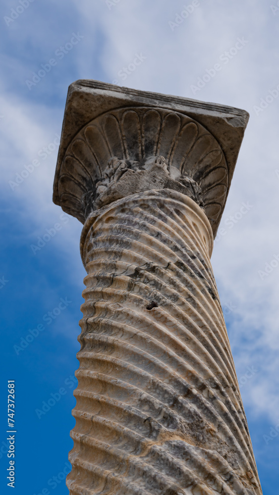 Close-up  the column of the ancient Greek temple in the city of Perga in Turkey
