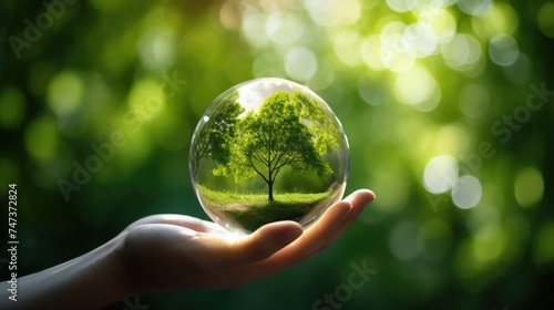 Hand holding young plant in glass ball on blurred green background. Protecting environment concept