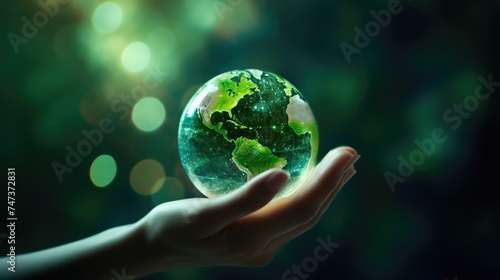 Earth Day. Hands holding globe on green background. Environment concept