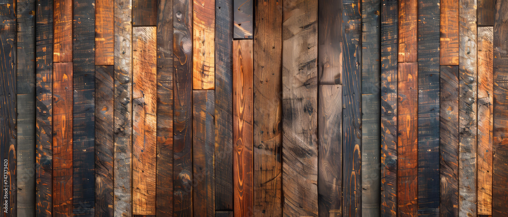 Warm sunset light gently illuminates a stained wooden plank wall, emphasizing its textures and patterns