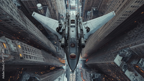 Futuristic flying military vehicle, massive spaceship hovering over New York City, industrial core, railguns, twin ion engines photo