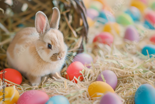 easter background with colorful eggs bunny and flowers on white background.happy Easter  spring  farm  holiday festive scene   greeting cards  posters  .Easter holiday card concept.copy space  