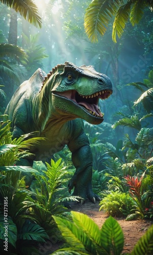 Vivid Dinosaur in Lush Green Jungle photo