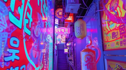 Colorful neon billboards at the Songpa Gu nightlife district in Seoul, South Korea photo