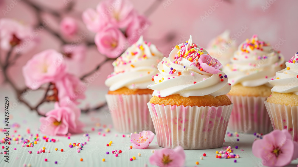 small delicious Easter cupcake and some sprinkles with pink blossoms, soft light background, banner