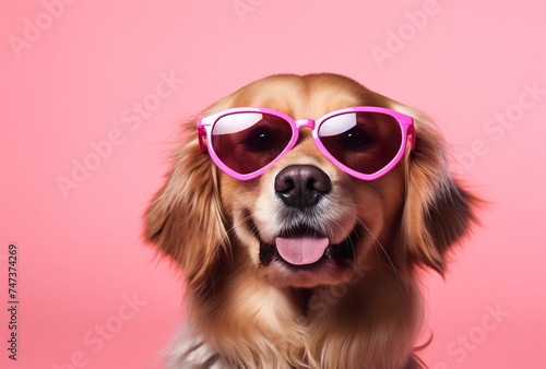 a dog in pink heart shaped glasses on pink background © IgnacioJulian