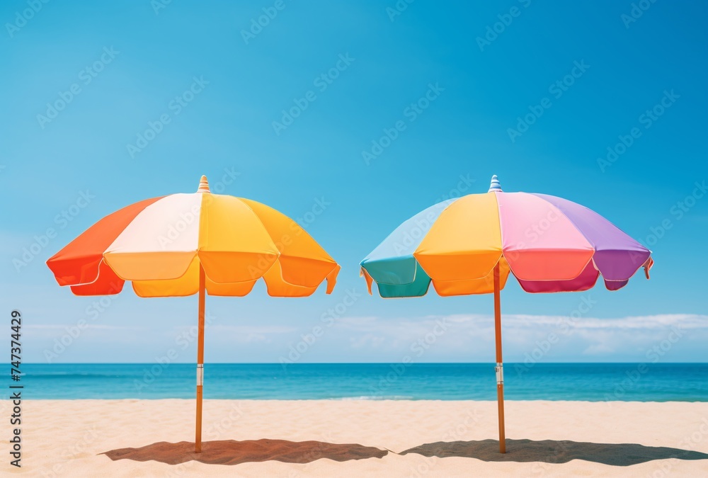 a of two colorful umbrellas with a blue sky
