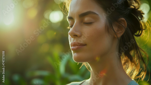 A woman practicing meditation with calm and relax in a serene green outdoor, mindfulness in life. © Ayla