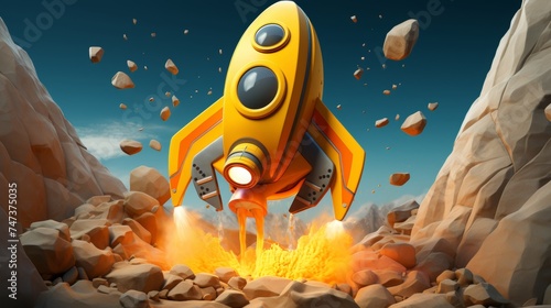 3d rocket takes off into the sky, providing ample space for your custom text and captions