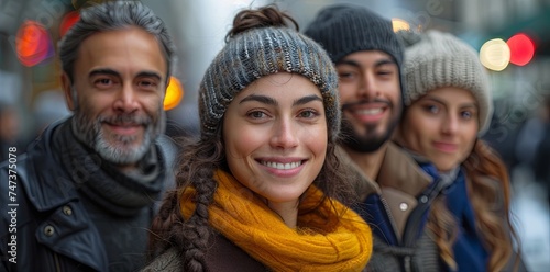 a group of people smiling for the camera, in the style of human-canvas integration, feminine affluence, focus stacking. Generative AI