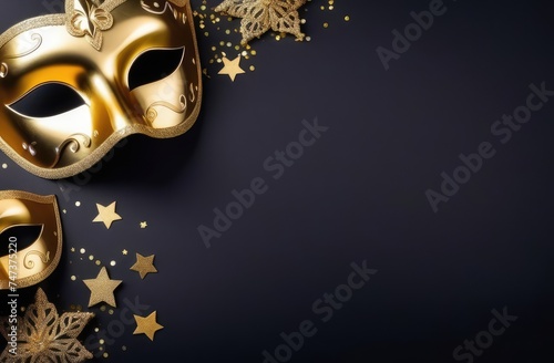 golden mask and confetti on black background, flatlay, top view. happy Purim carnival composition photo