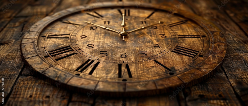 Detailed image of an antique wooden clock, showing the carved numerals and hands on a rustic background