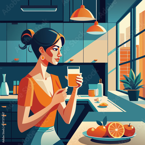 Beautiful woman drinking orange healty orange juice in the kitchen