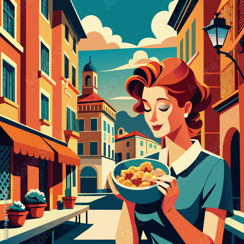 Young woman eating pasta with tortellini in front of the food shop