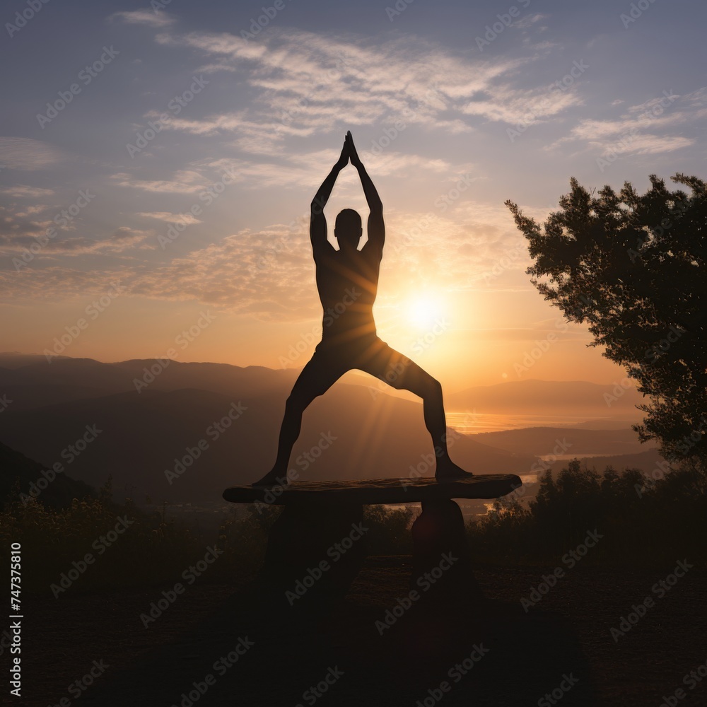 Yoga in nature: a man in an asana against a sunset background. A serene young man practices yoga in a tranquil lake at sunset. He stands on a rock, arms outstretched, embodying balance and grace.