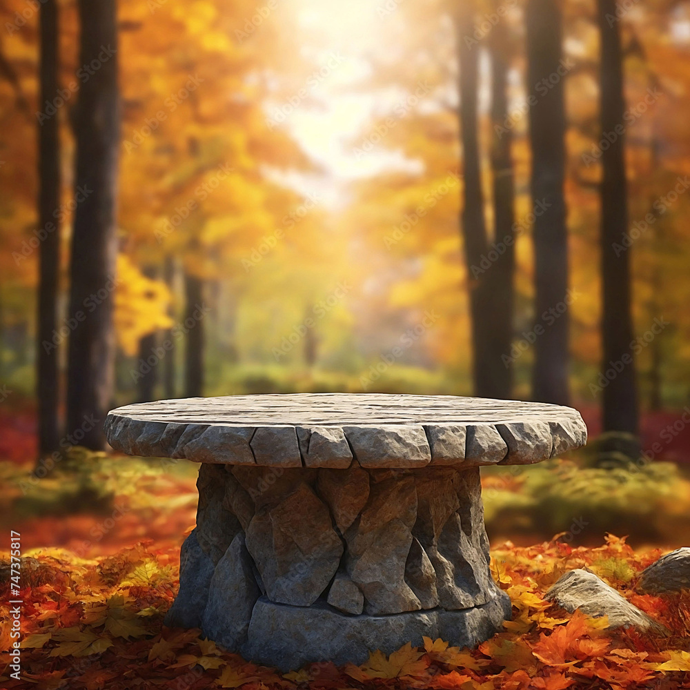 Obraz premium Top of a stone table with autumn forest background for product display