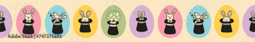 Rabbits in the hat of a magician. Cute vector seamless banner.