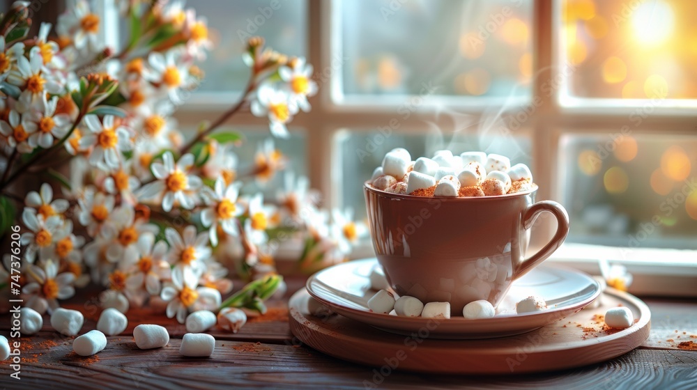 A cup of hot chocolate with marshmallows on a saucer A cup of hot chocolate with marshmallows on a saucer