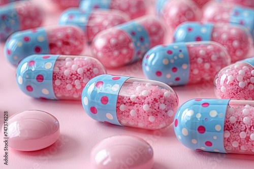 a group of various pink and blue pills on a pink, in the style of innovative. Generative AI