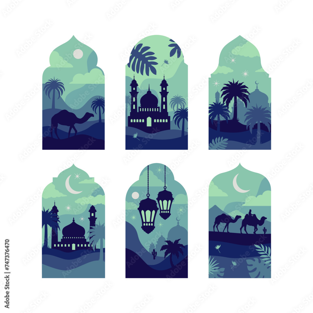 Collection of oriental style Islamic windows and arches with modern boho design, moon, mosque dome and lanterns