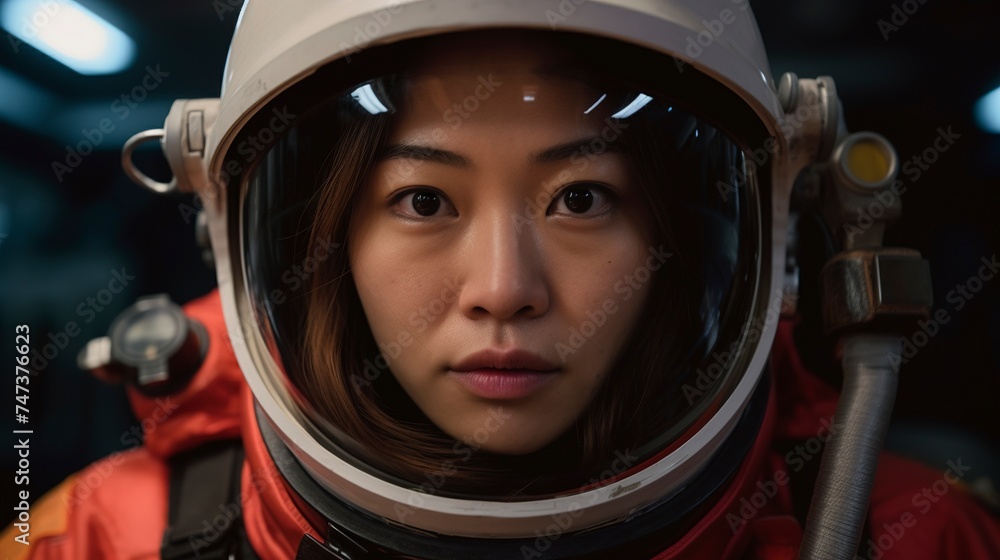 asian woman astronaut with helmet inside spacecraft.Generative AI asian woman astronaut with helmet inside spacecraft.Generative AI