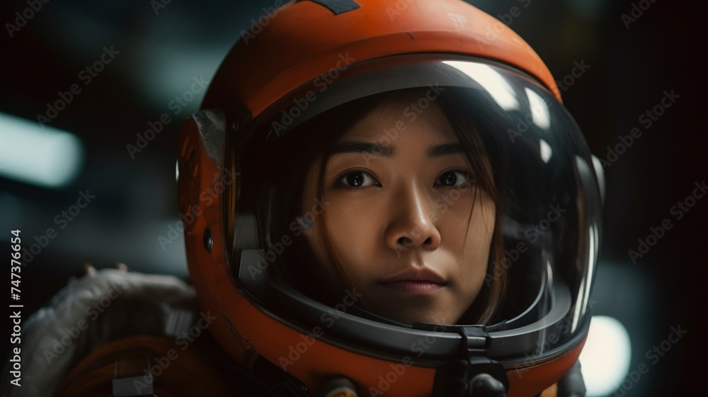 asian woman astronaut with helmet inside spacecraft.Generative AI asian woman astronaut with helmet inside spacecraft.Generative AI