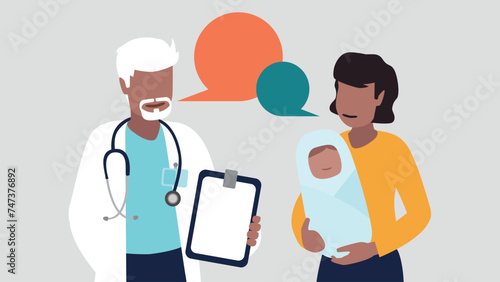 Vektor-Illustration eines Arztes im Gespräch mit einer jungen Mutter und ihrem neugeborenen Baby - Gesundheit Konzept