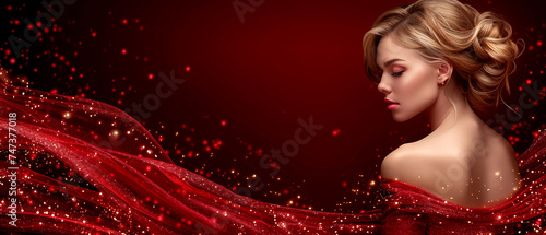 Portrait of a woman on a red background. Materials for creating a banner for advertising beauty salons, hairdressers, cosmetics.