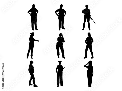 Set of Female Police Officer Silhouette in various poses isolated on white background
