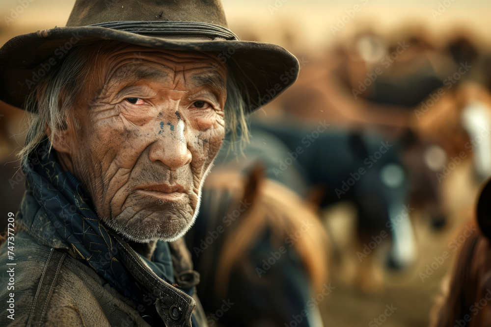 Mongolian man of 50-60 years old stands against the background of a pasture of horses. mature Asian man.