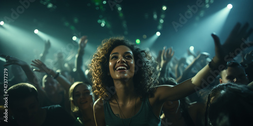 Party girl in club spotlight in sunglasses. Woman in night club laser lights. Trance music with green neon background