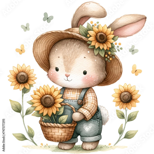 cute watercolor bunny with sunflower,sunflower lover, spring flowers photo