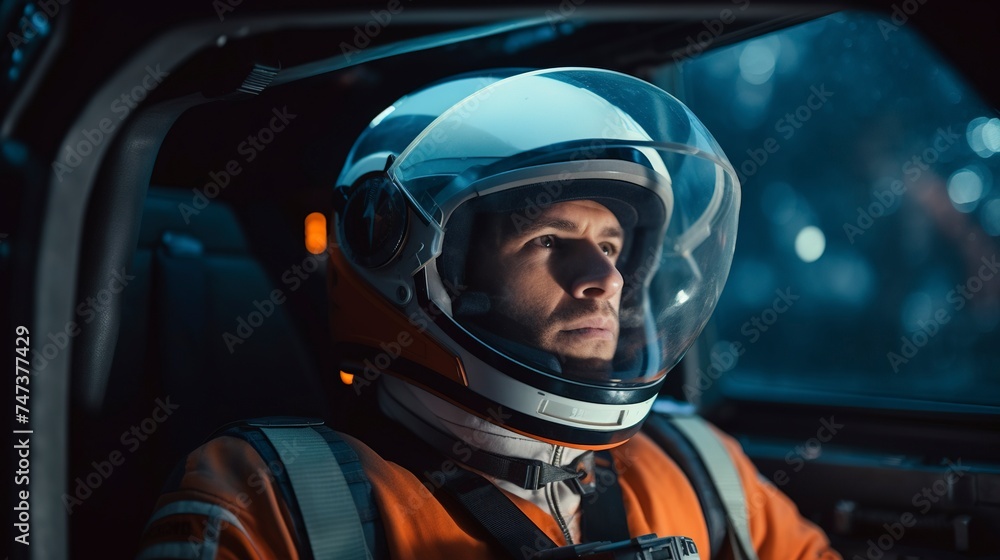 male astronaut with helmet inside the spacecraft. Generative AI
