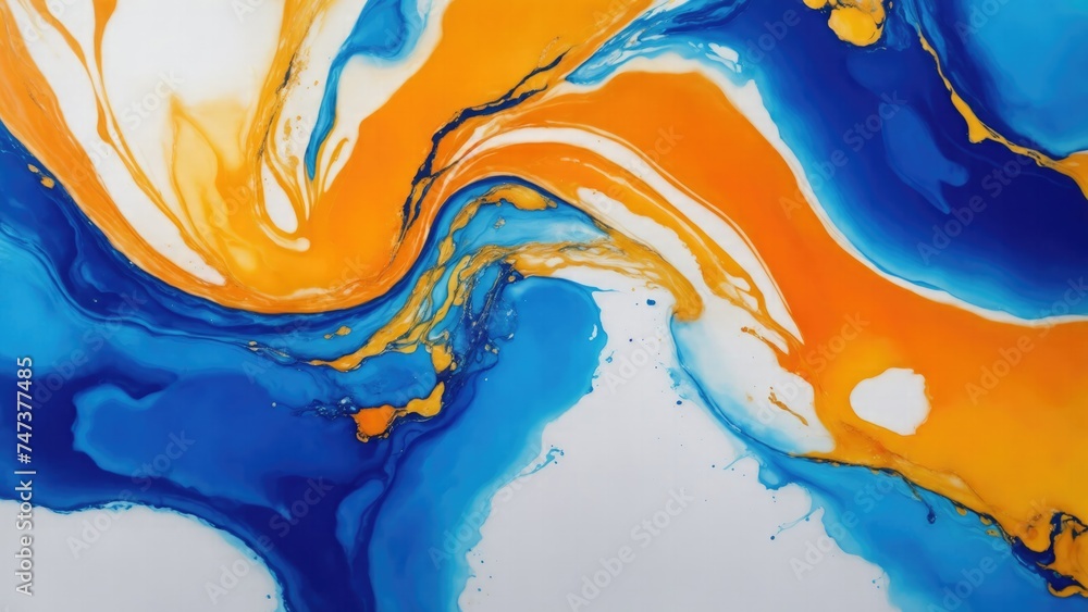 luxury Orange, Gold and Blue abstract fluid art painting in alcohol ink technique Background