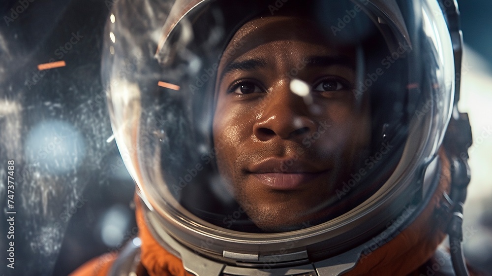 African-American male astronaut in helmet inside spacecraft. Generative AI