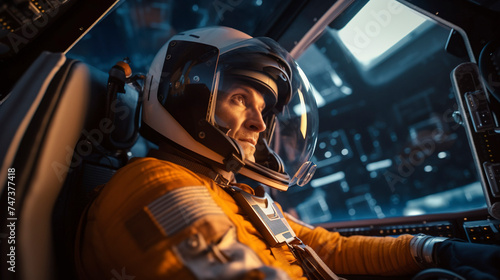 male astronaut with helmet inside the spacecraft. Generative AI