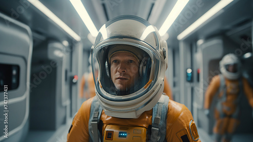 male astronaut with helmet inside the spacecraft. Generative AI