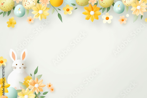 easter background with colorful eggs bunny and flowers on white background.happy Easter, spring, farm, holiday,festive scene , greeting cards, posters, .Easter holiday card concept.copy space 