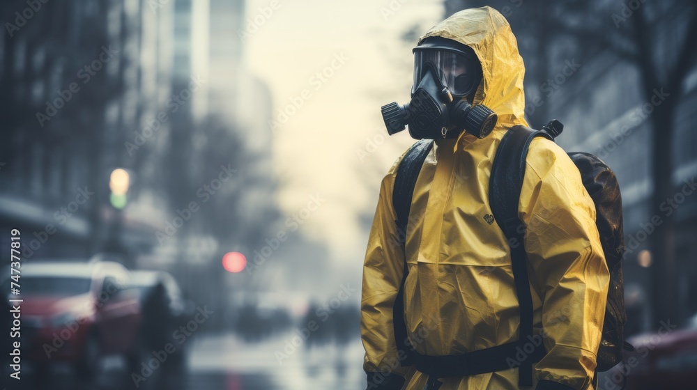 Man using bio hazard suit in on city streets due to pollution and contamination Man using bio hazard suit in on city streets due to pollution and contamination