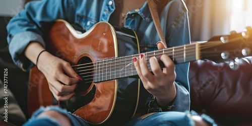 Woman play acoustic guitar in closeup, concept of Musical performance