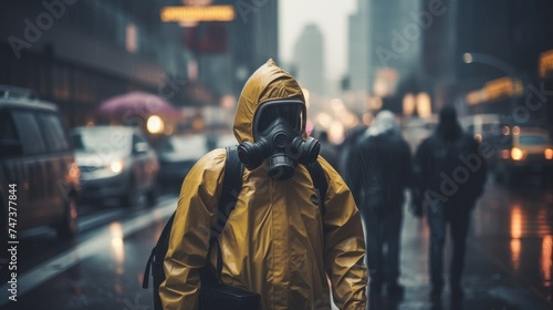 Man using bio hazard suit in on city streets due to pollution and contamination