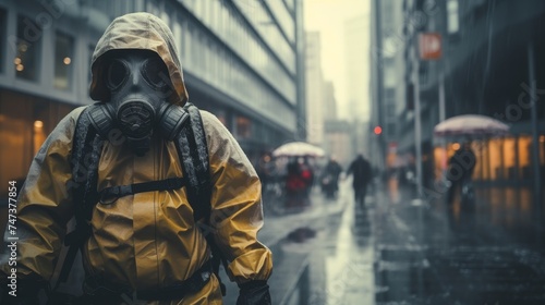 Man using bio hazard suit in on city streets due to pollution and contamination