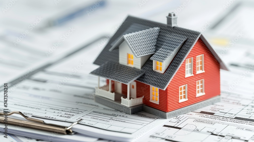 Miniature house on top of contract documents Miniature house on top of contract documents