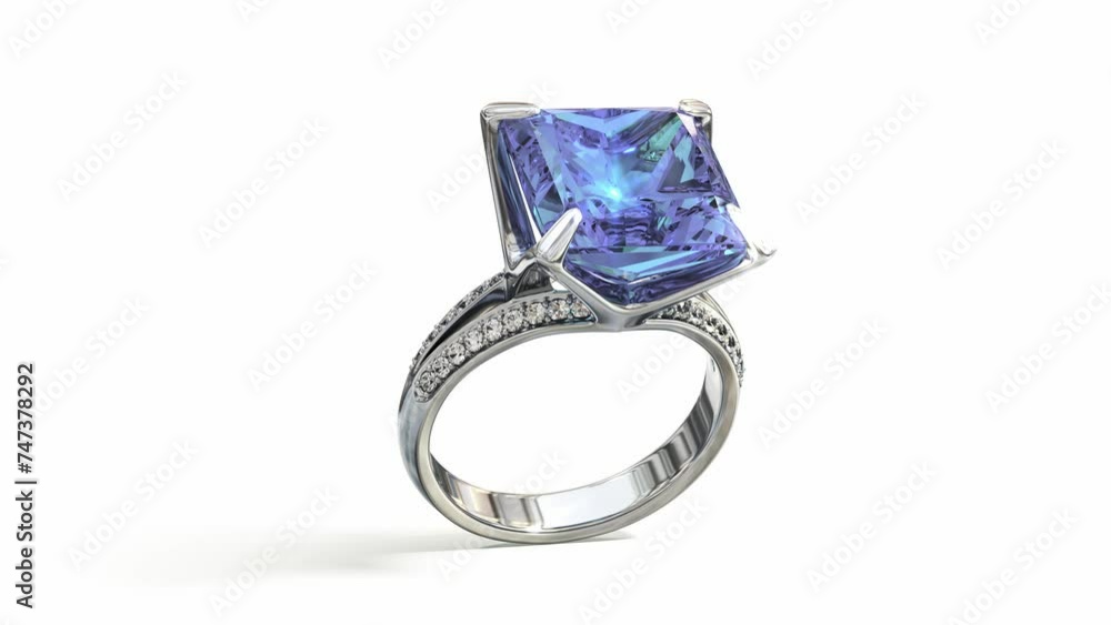 Rotating shining white gold diamond ring with blue gemstone. 3d animation on white background Rotating shining white gold diamond ring with blue gemstone. 3d animation on white background
